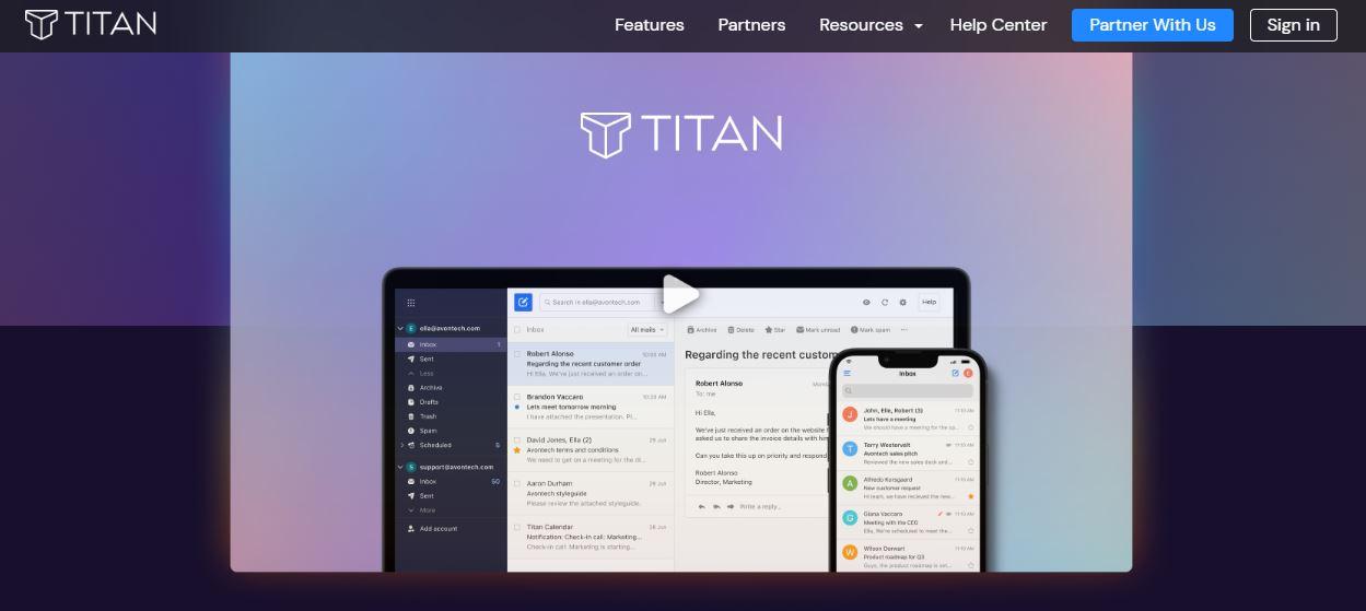 Titan email service provider showing business-focused features like follow-up reminders and read receipts